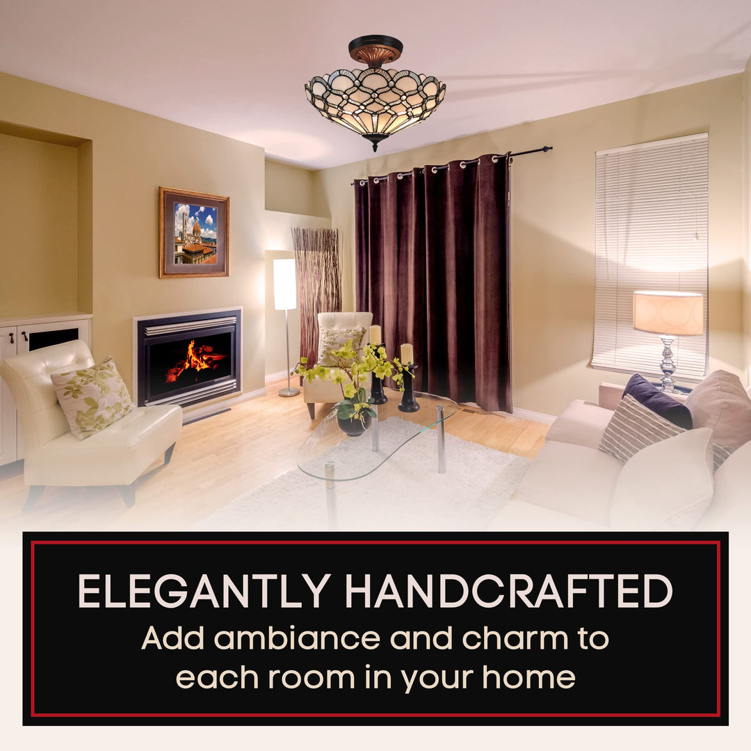 Amora Vintage Tiffany Style Ceiling Lamp 17” Wide White Jeweled