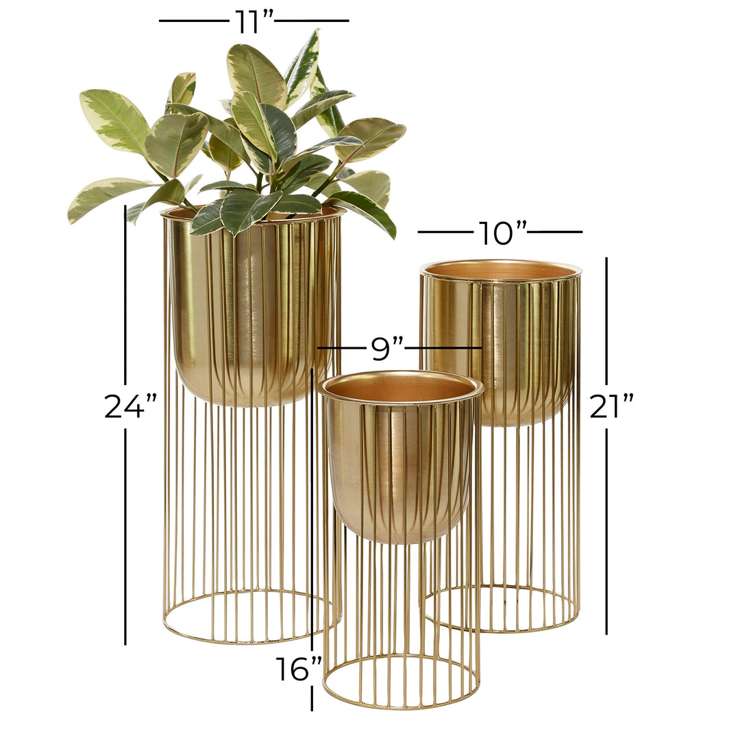 Large Eclectic Gold Metal Planters with Stands Set of 3 16" 21" 24" 11 X 24 - Diamond Home USA