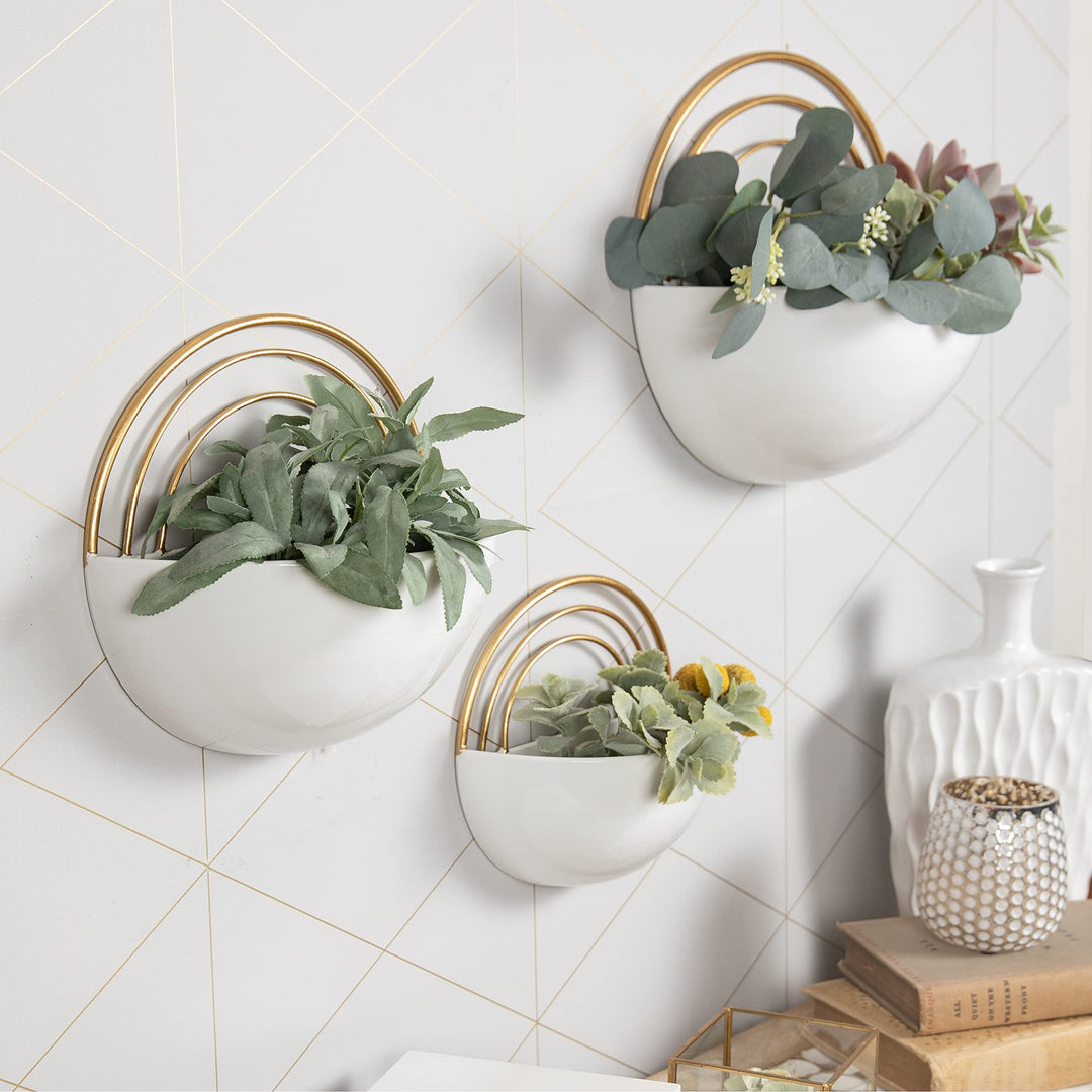Crescent 3-Piece Metal Wall Planter Set White with Gold Detail Round Iron - Diamond Home USA