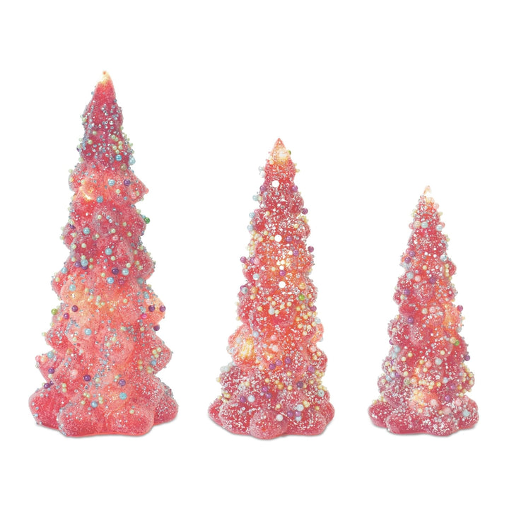 Led Tree with Rainbow Pearl Ornaments (Set of 3) Pink Glass Led Lights