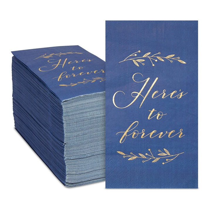Navy Blue Dinner Napkins for Wedding eception Here's to Forever (4x8 in Pack)