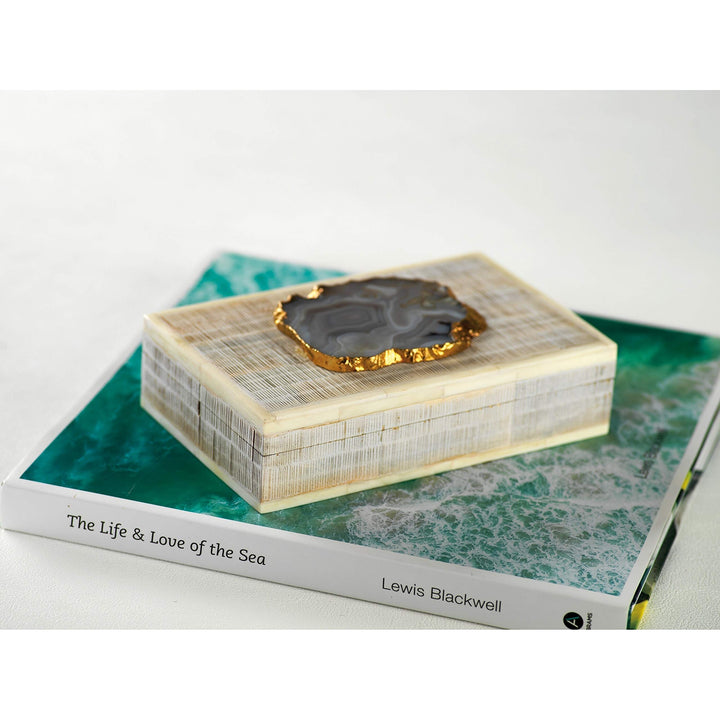 Chiseled Mango Wood Bone Decorative Box With Stone Ivory Storage - Diamond Home USA