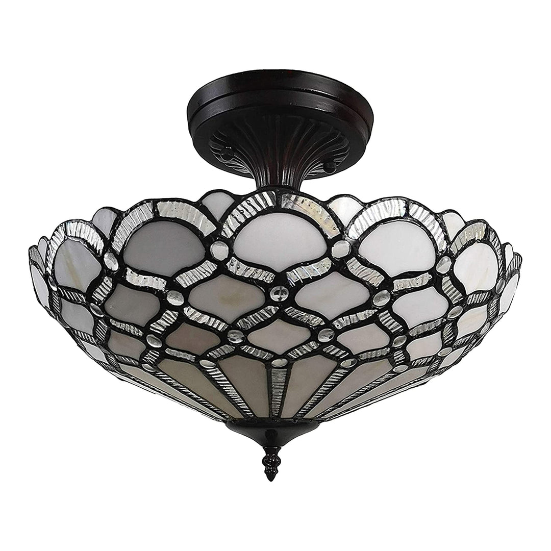Amora Vintage Tiffany Style Ceiling Lamp - 17” Wide White Jeweled Stained