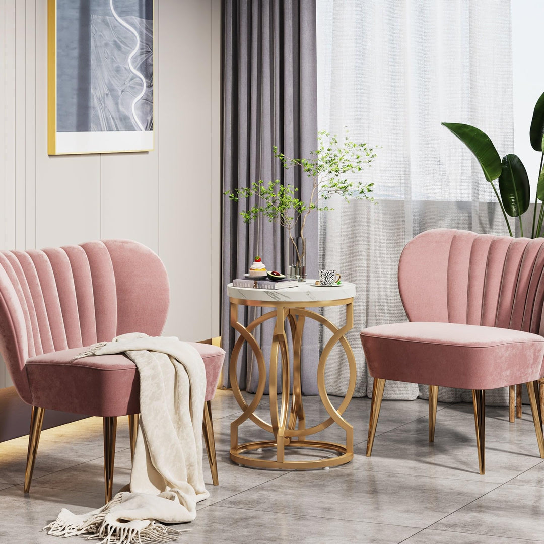 Gold End Table Round Side with Marble Top Mid-Century Modern Contemporary Iron - Diamond Home USA