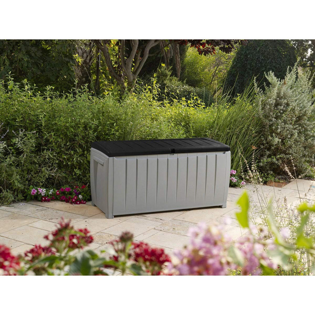 Novel 90 Gallon Black And Grey Plastic Deck Storage Box Lockable Water Resistant - Diamond Home USA