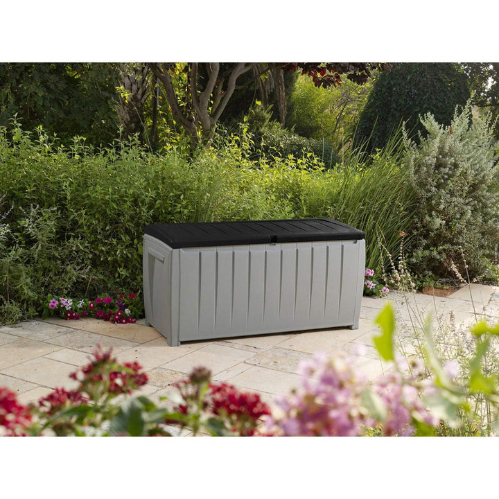Novel 90 Gallon Black And Grey Plastic Deck Storage Box Lockable Water Resistant - Diamond Home USA