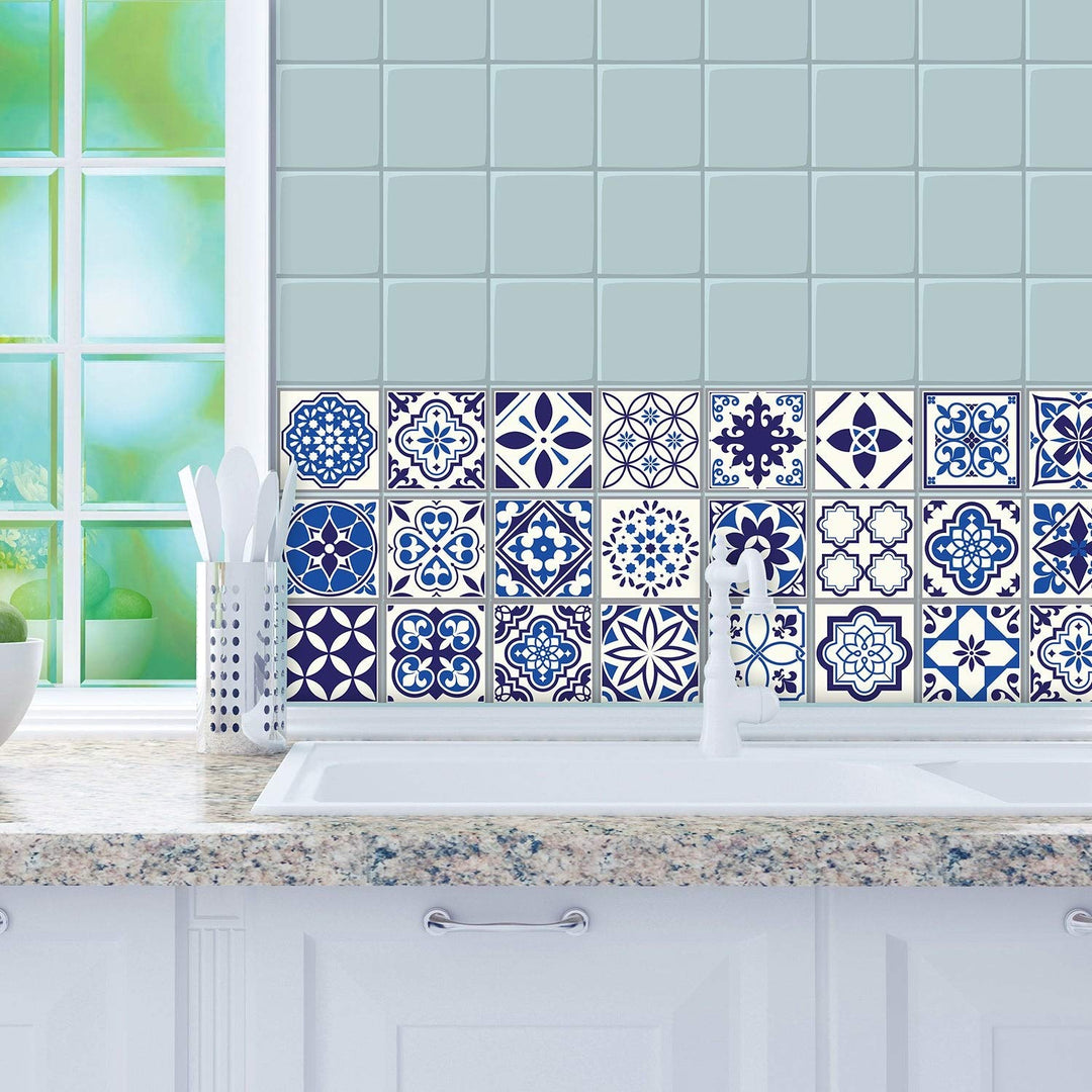 Spanish Moroccan Blue Tile Stickers Peel and Stick Wall Sticker Decal 24pcs 4" - Diamond Home USA