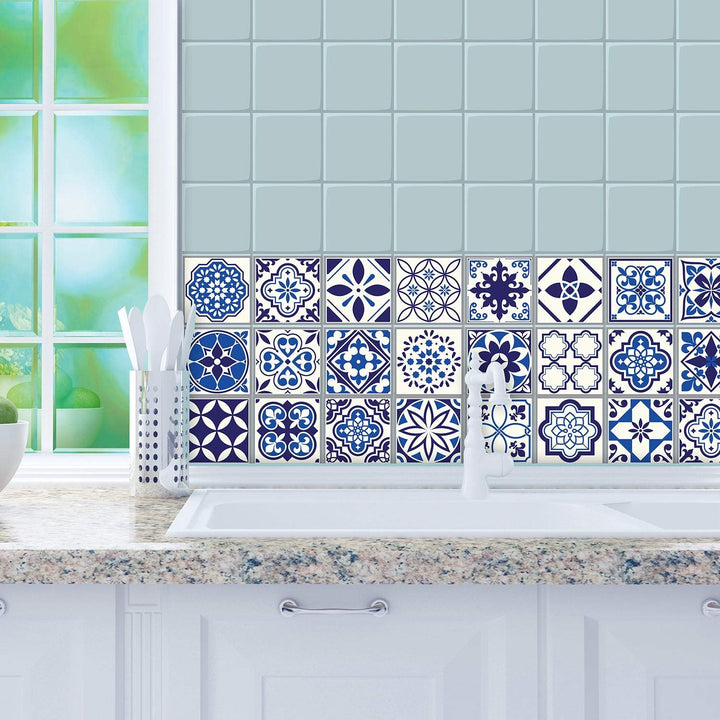 Spanish Moroccan Blue Tile Stickers Peel and Stick Wall Sticker Decal 24pcs 4" - Diamond Home USA