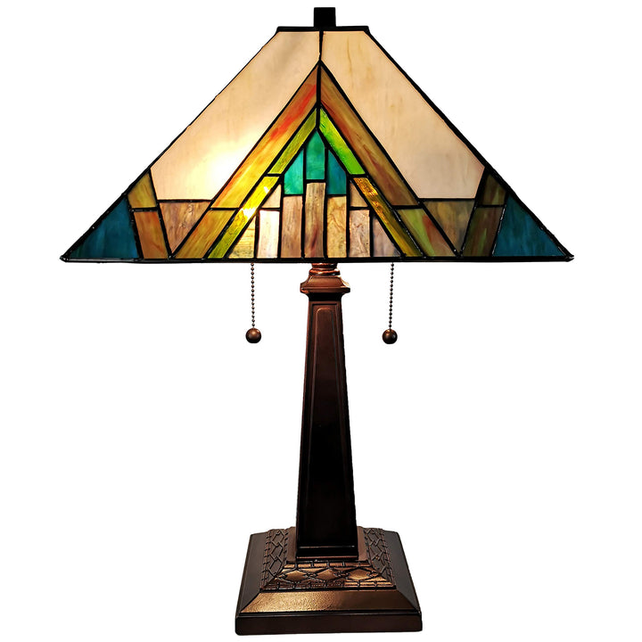 Tiffany Style Table Lamp Banker Mission 22" Tall Stained Glass Ivory Green - Diamond Home USA