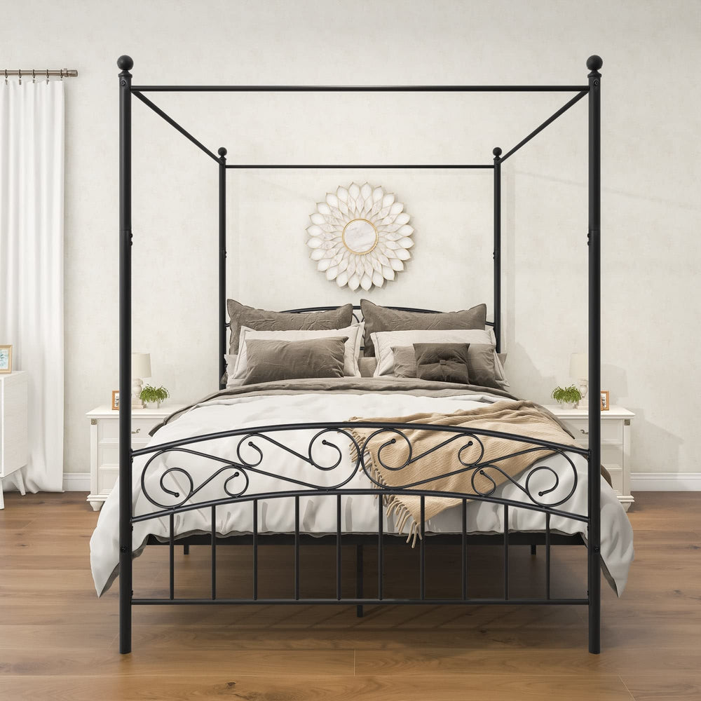 Queen Size Metal Canopy Bed Frame Black Vintage Finish Headboard Included - Diamond Home USA