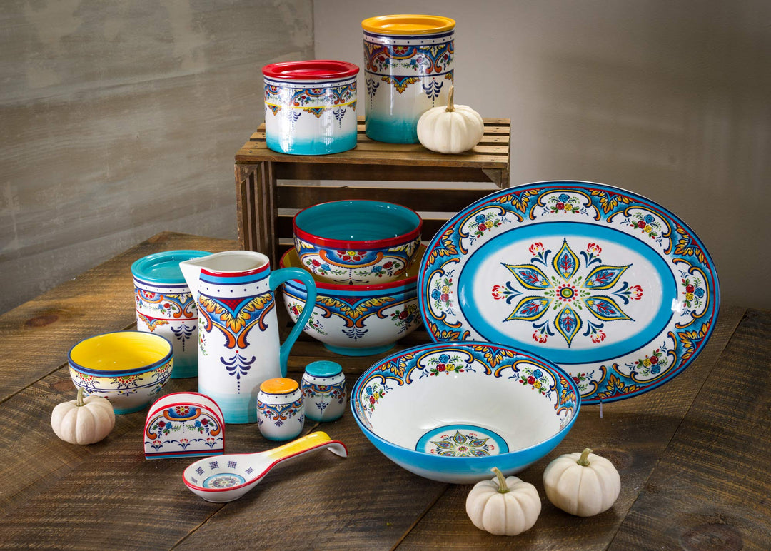 Euro Ceramica Zanzibar Collection Vibrant 12.75'' Ceramic Round Serving Bowl - Diamond Home USA