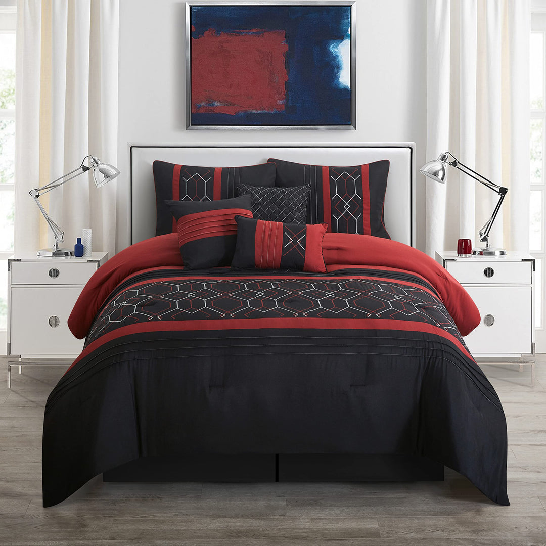 Stratford Park Geometric 7 Piece Comforter Bedding Set Black/Wine King Size 100%