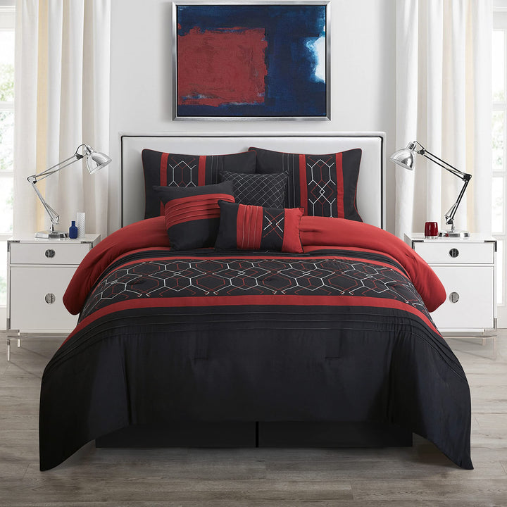 Stratford Park Geometric 7 Piece Comforter Bedding Set Black/Wine King Size 100%