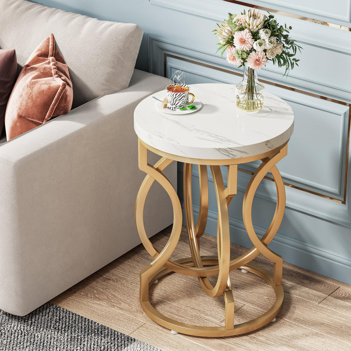 Gold End Table Round Side with Marble Top Mid-Century Modern Contemporary Iron - Diamond Home USA