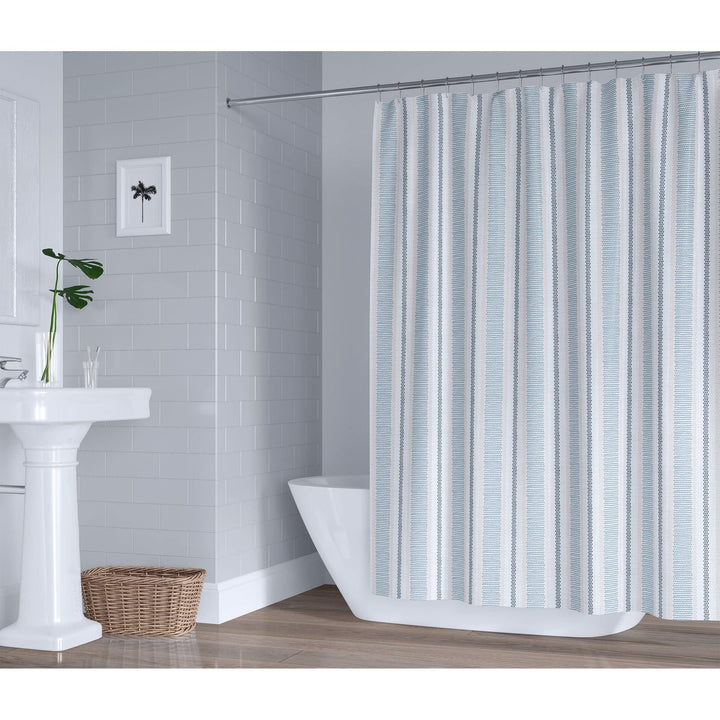 Stripe Dots Denim Shower Curtain Blue Striped Modern Contemporary Polyester - Diamond Home USA
