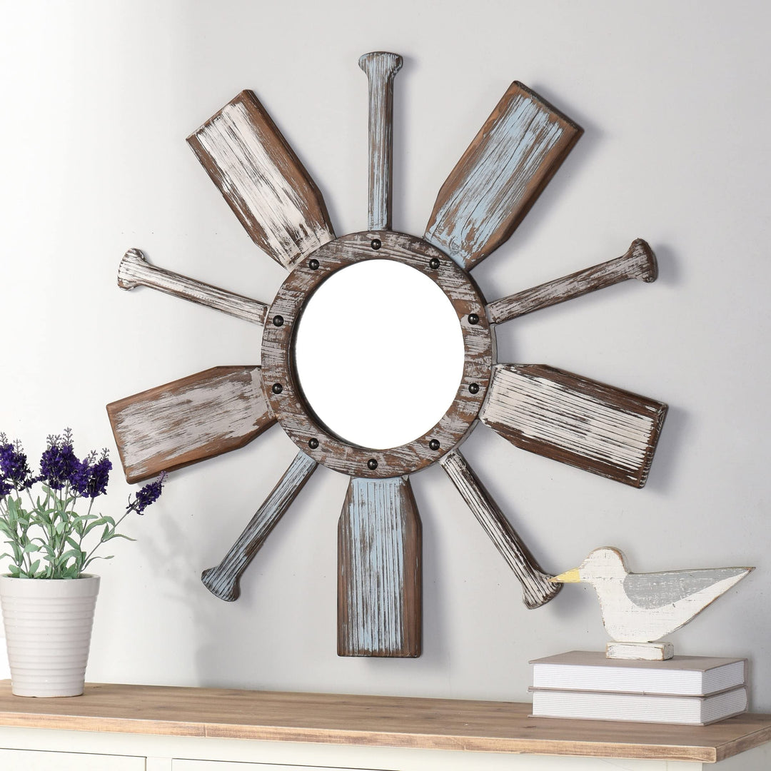 Weathered Boat Paddle Wall Mirror White Blue Finish Nautical Coastal Includes - Diamond Home USA