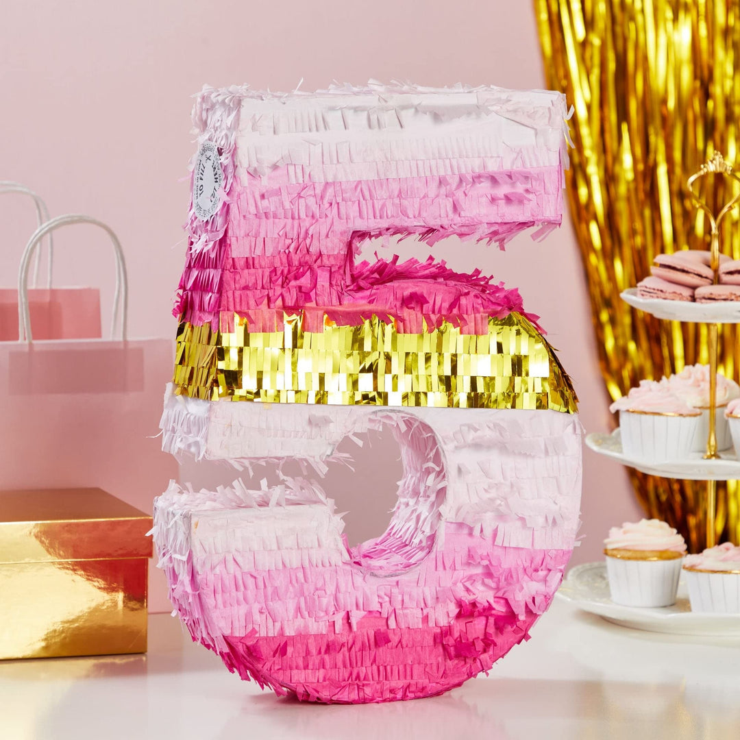 Small Pink And Gold Foil Number 5 Pinata For Kids 5th Birthday Party Decorations - Diamond Home USA