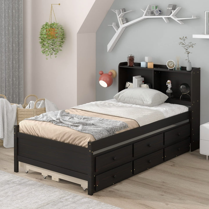 Twin Size Bed with Trundle Headboard Bookcase and 3 Drawers Black Modern