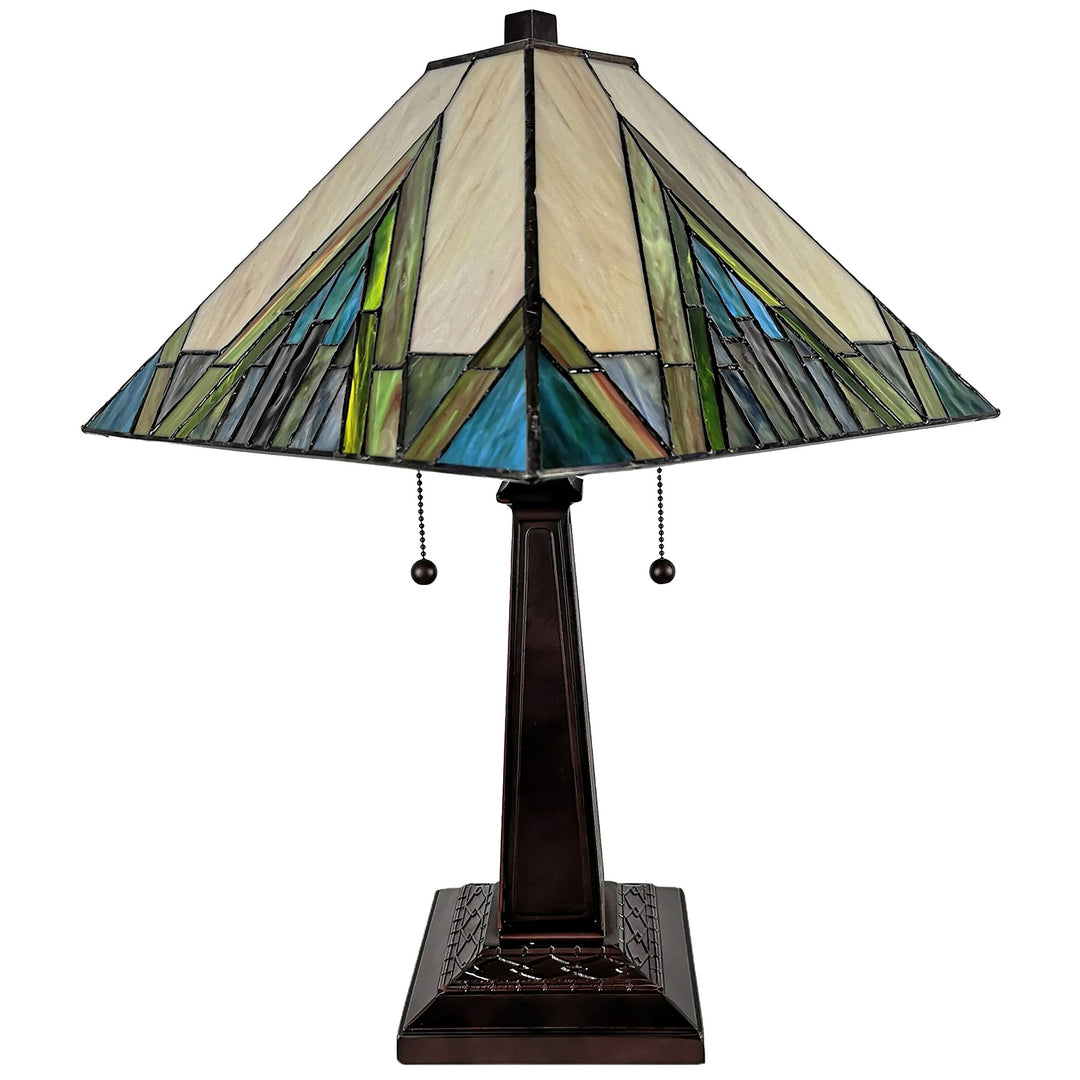 Tiffany Style Table Lamp Banker Mission 22" Tall Stained Glass Ivory Green - Diamond Home USA