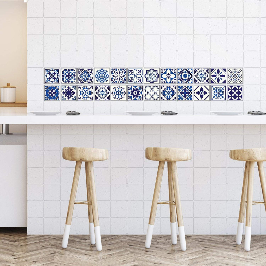 Spanish Moroccan Blue Tile Stickers Peel and Stick Wall Sticker Decal 24pcs 4" - Diamond Home USA