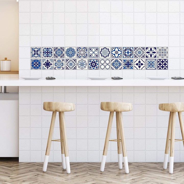 Spanish Moroccan Blue Tile Stickers Peel and Stick Wall Sticker Decal 24pcs 4" - Diamond Home USA