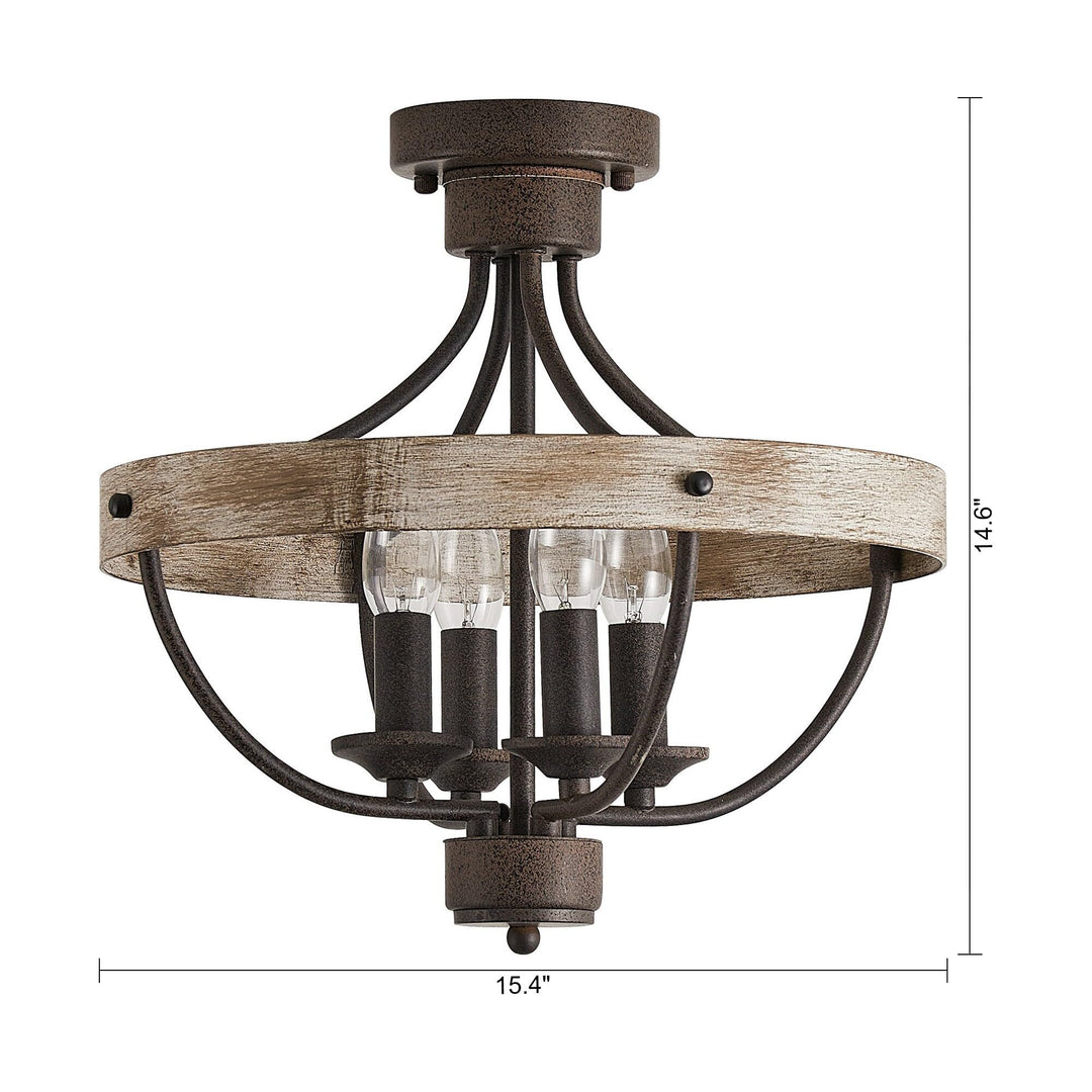 4-light Brown and Vintage Wood Semi-flush Mount Ceiling Light 15.35 in. W X D - Diamond Home USA