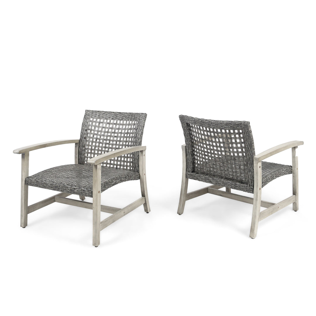 GDFStudio Outdoor Wood and Wicker Club Chairs (Set of 2) Gray Finish and Mixed grey/mixed black
