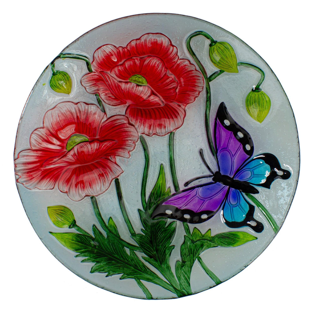 21" Butterfly and Carnations Hand Painted Glass Outdoor Birdbath Purple - Diamond Home USA