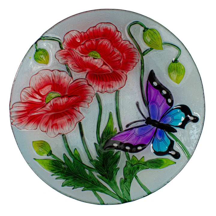 21" Butterfly and Carnations Hand Painted Glass Outdoor Birdbath Purple - Diamond Home USA