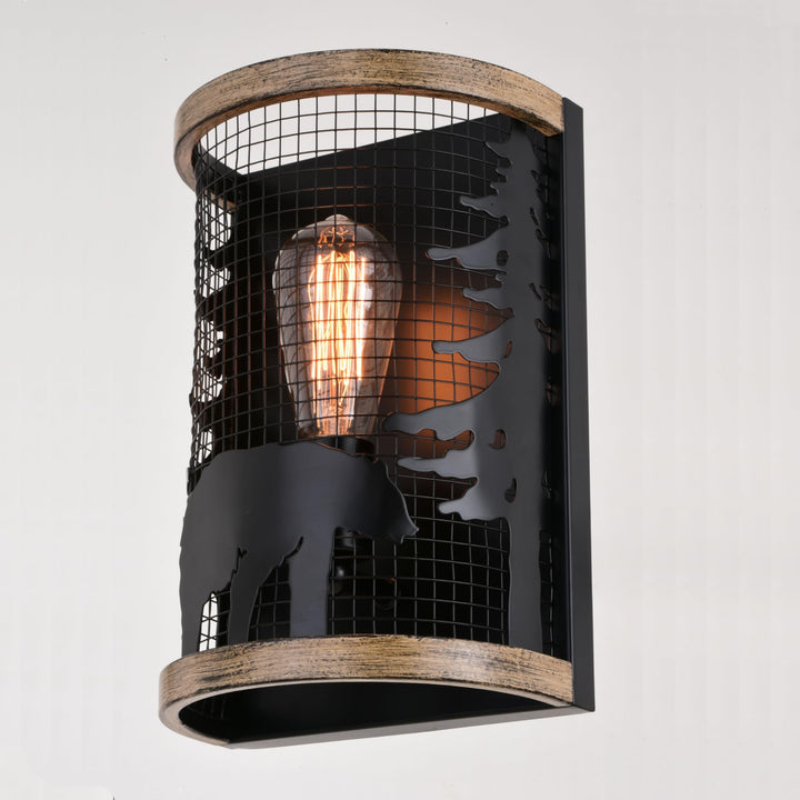 1 Light Black Cage Rustic Wall Sconce Bear and Tree Motif 8-in. W X 12-in. H - Diamond Home USA