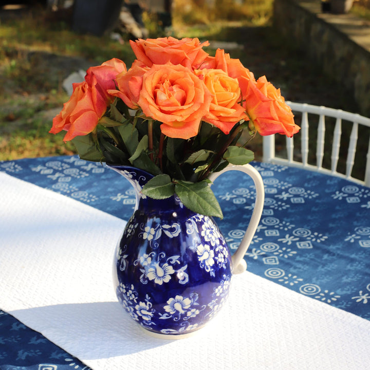 Euro Blue Garden Stoneware Hand-Painted 2.7 Lt Pitcher with Handle 8.7 X 7.1 - Diamond Home USA