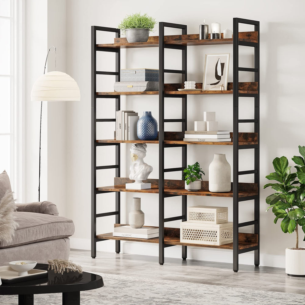 Double Wide Bookshelf 5-Tier Industrial Bookcase Free Standing Tall Book Shelf - Diamond Home USA