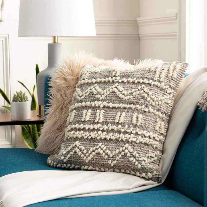 Wool 22-inch Throw Pillow Cover Black Cream Khaki Embroidered Textured