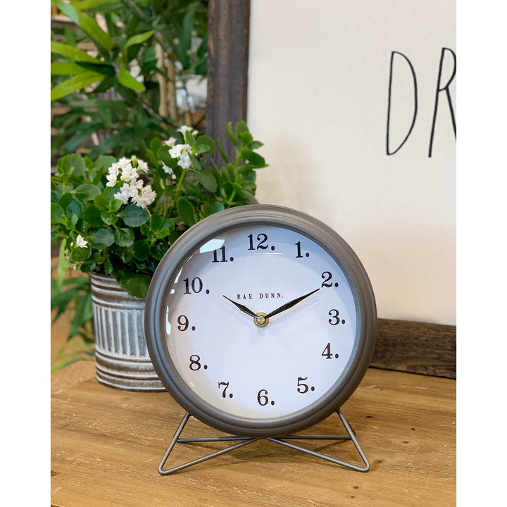 Round Metal Desk Clock Grey Farmhouse Battery