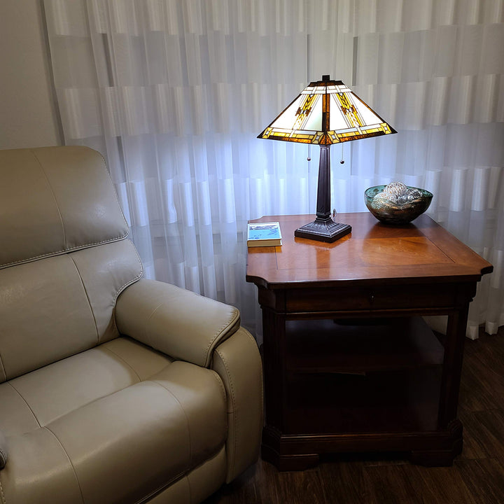 Tiffany Style Table Lamp Banker Mission 23" Tall Stained Glass White Tan Brown - Diamond Home USA