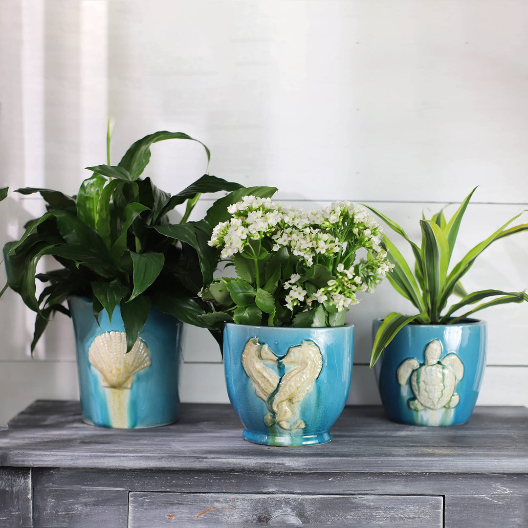 Claybarn Grotto Aqua Stoneware 7" Seaturtle Planter - Diamond Home USA