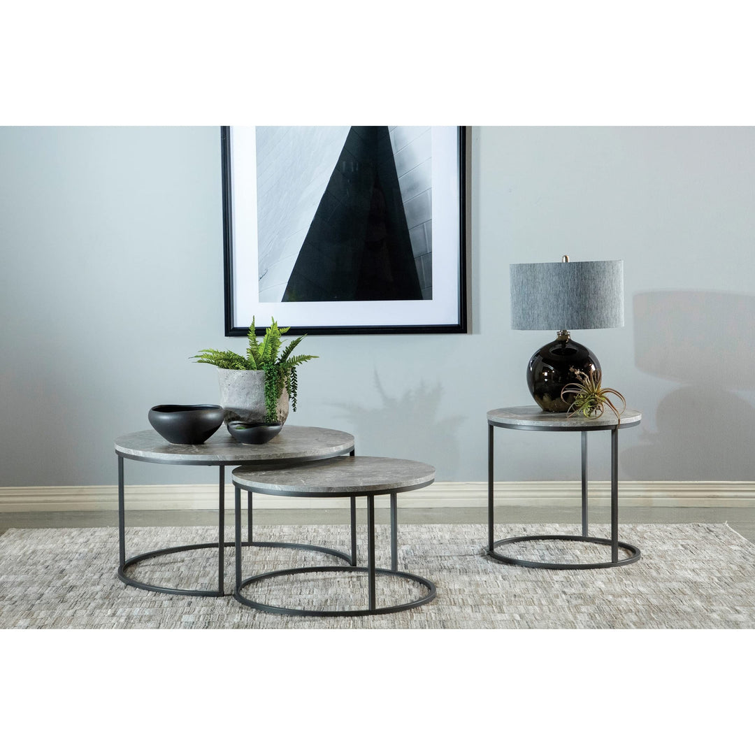 Grey Marble and Gunmetal Round End Table Rustic Metal Wood Powder Coated - Diamond Home USA