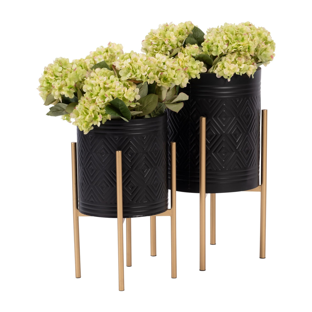 Planters for Indoor Outdoor Plants Set of 2 Plant Pots with Gold Stand Black - Diamond Home USA