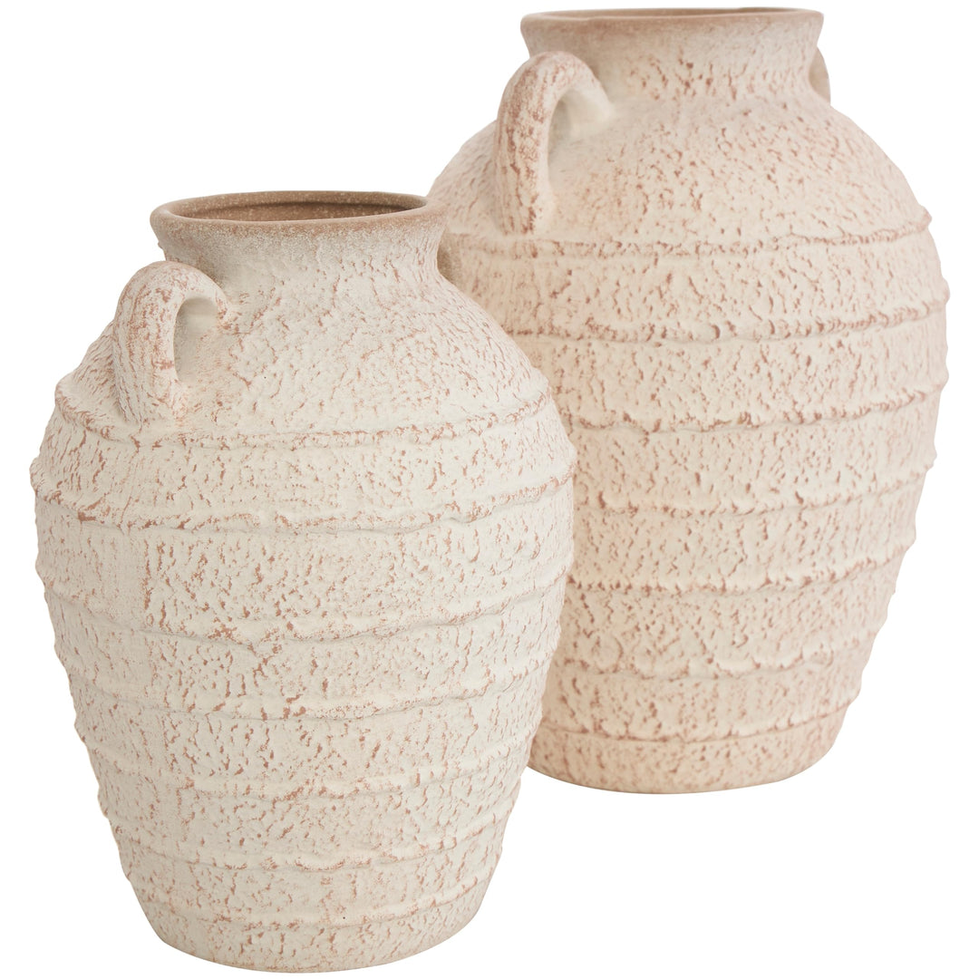 Cream Ceramic Textured Vase with Handles and Terracotta Accents (Set of 2) - Diamond Home USA