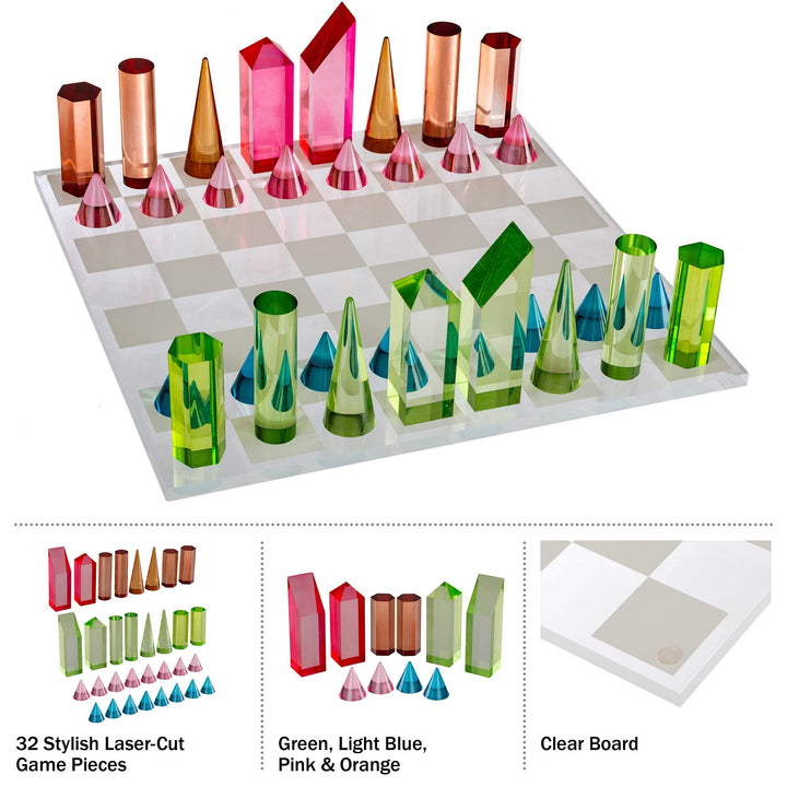 Modern Chess Set Acrylic Board with 32 Colorful Game Pieces Multi Color - Diamond Home USA