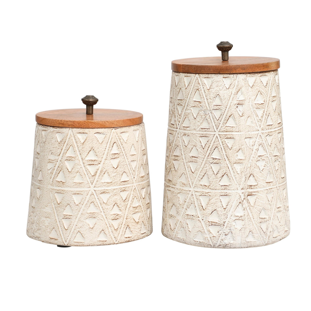 Cream Paper Handmade Carved Triangle Tribal Canisters With Brown Removable - Diamond Home USA