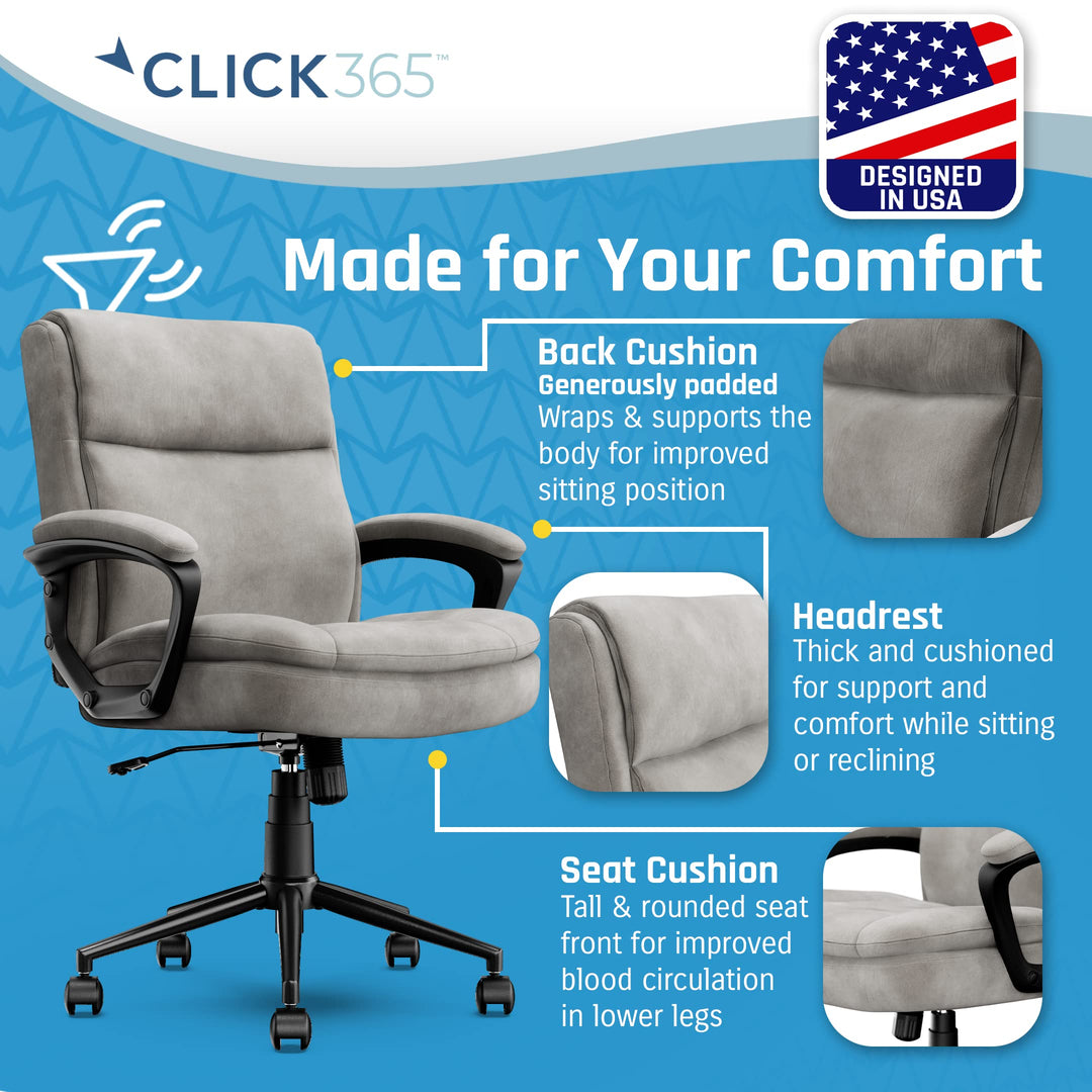 Click365 Transform 2.0 Extra Comfort Mid Back Desk Chair with Padded armrests Grey Fabric - Diamond Home USA