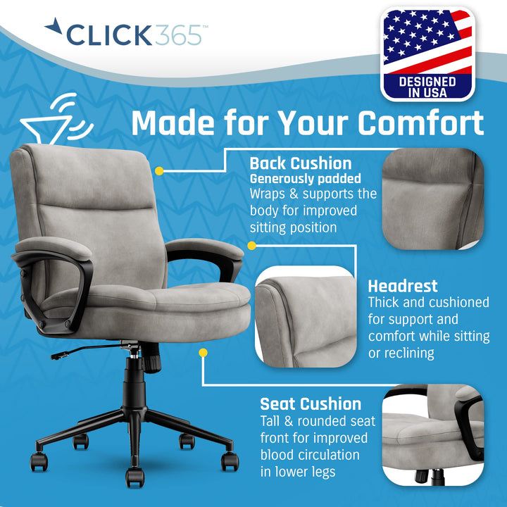 Click365 Transform 2.0 Extra Comfort Mid Back Desk Chair with Padded armrests Grey Fabric - Diamond Home USA