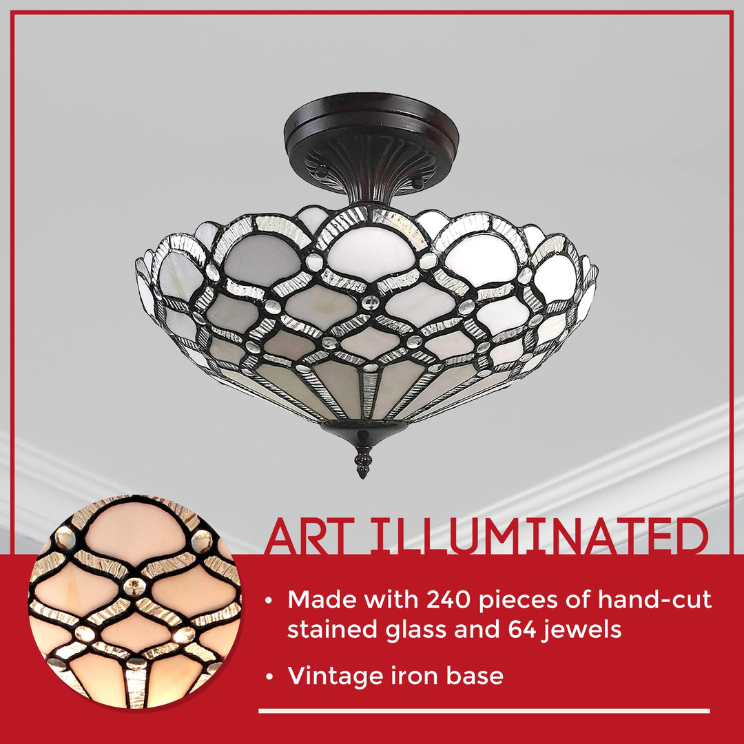 Amora Vintage Tiffany Style Ceiling Lamp - 17” Wide White Jeweled Stained - Diamond Home USA