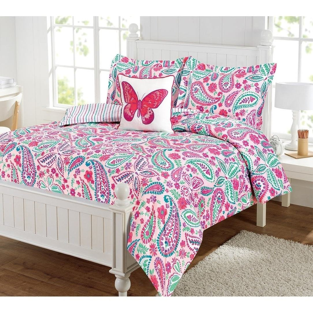 LO 3 Piece Kids Girls Teen Teal Blue Pink Paisley Comforter Twin Set Colorful - Diamond Home USA
