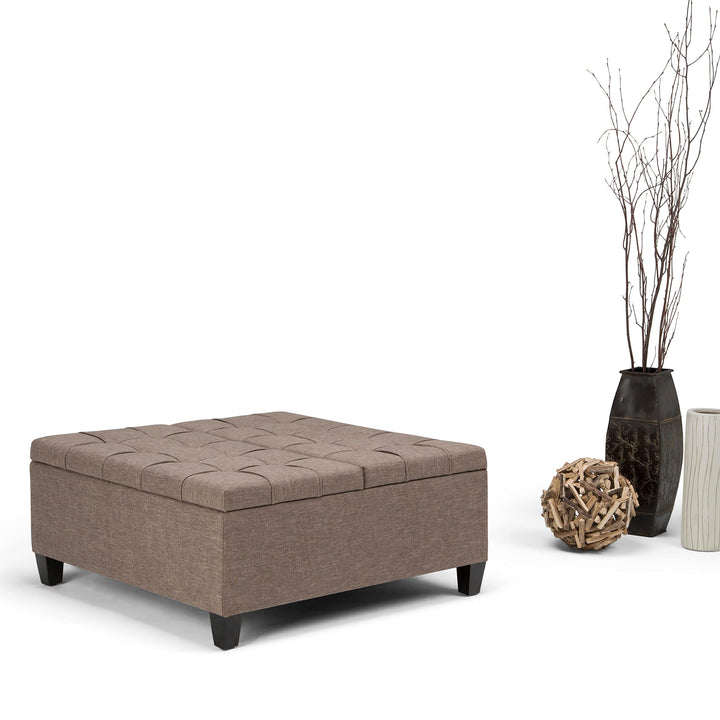 SIMPLIHOME Harrison 36 Inch Wide Square Table Lift Top Storage Ottoman Distressed