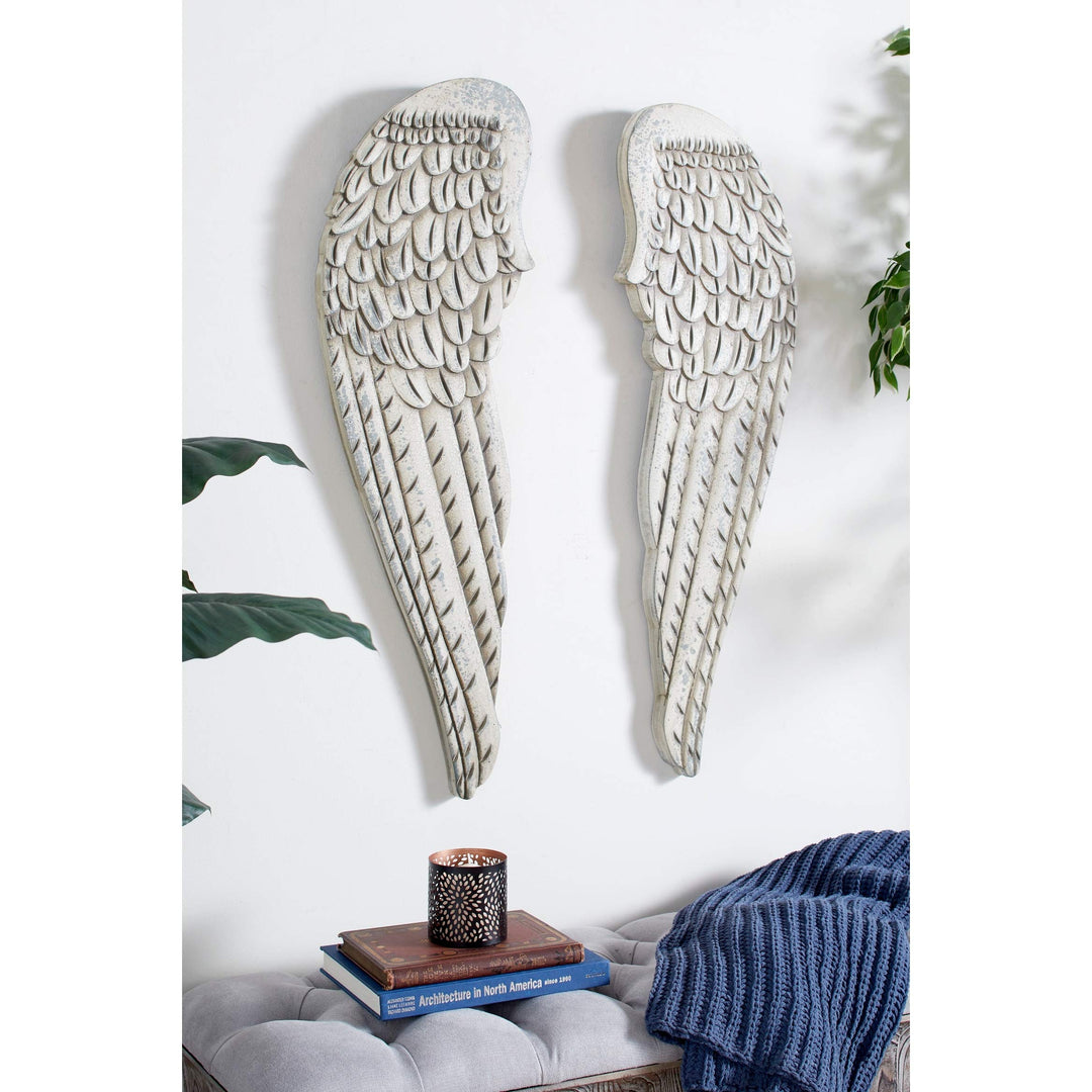 Large Distressed White Angel Wings Wood Wall Art Set Of 2 13" X 40.50" Each - Diamond Home USA