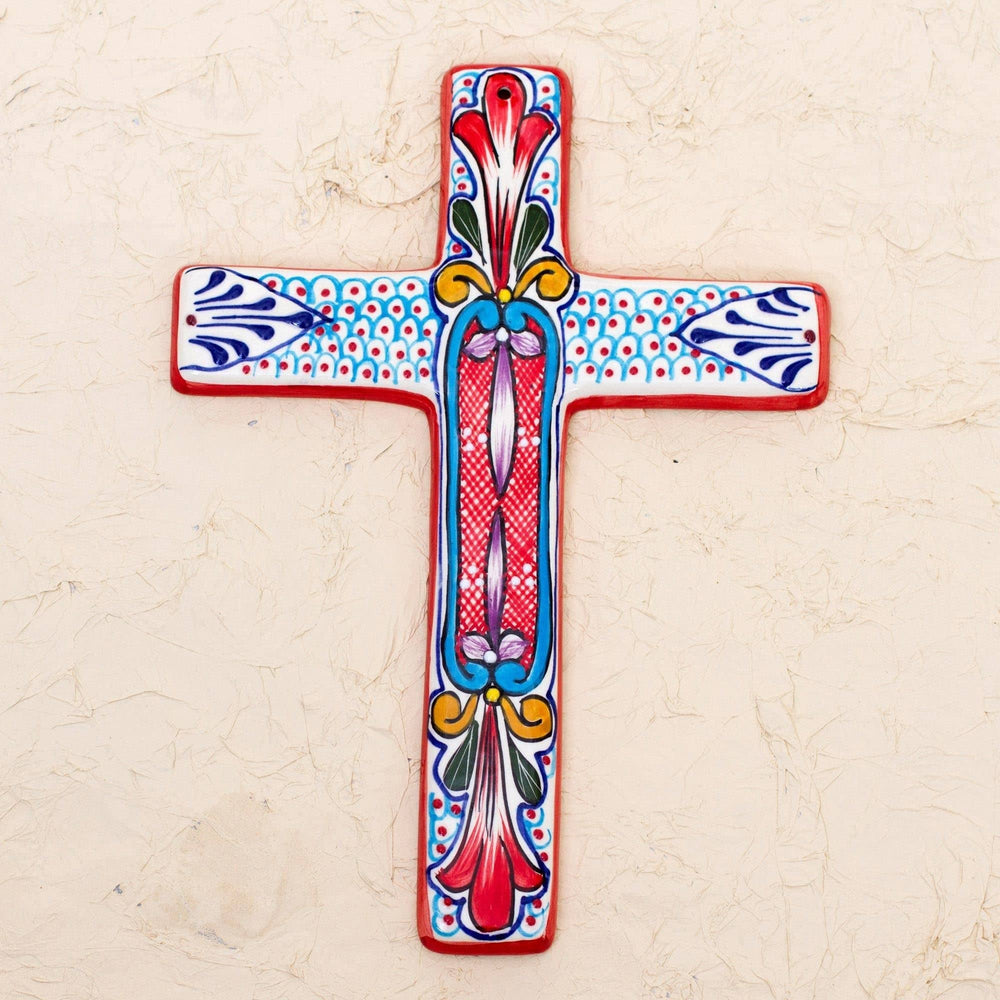 Ceramic Wall Cross 'Red Lily' Multi Color Modern Contemporary Antique Handmade - Diamond Home USA