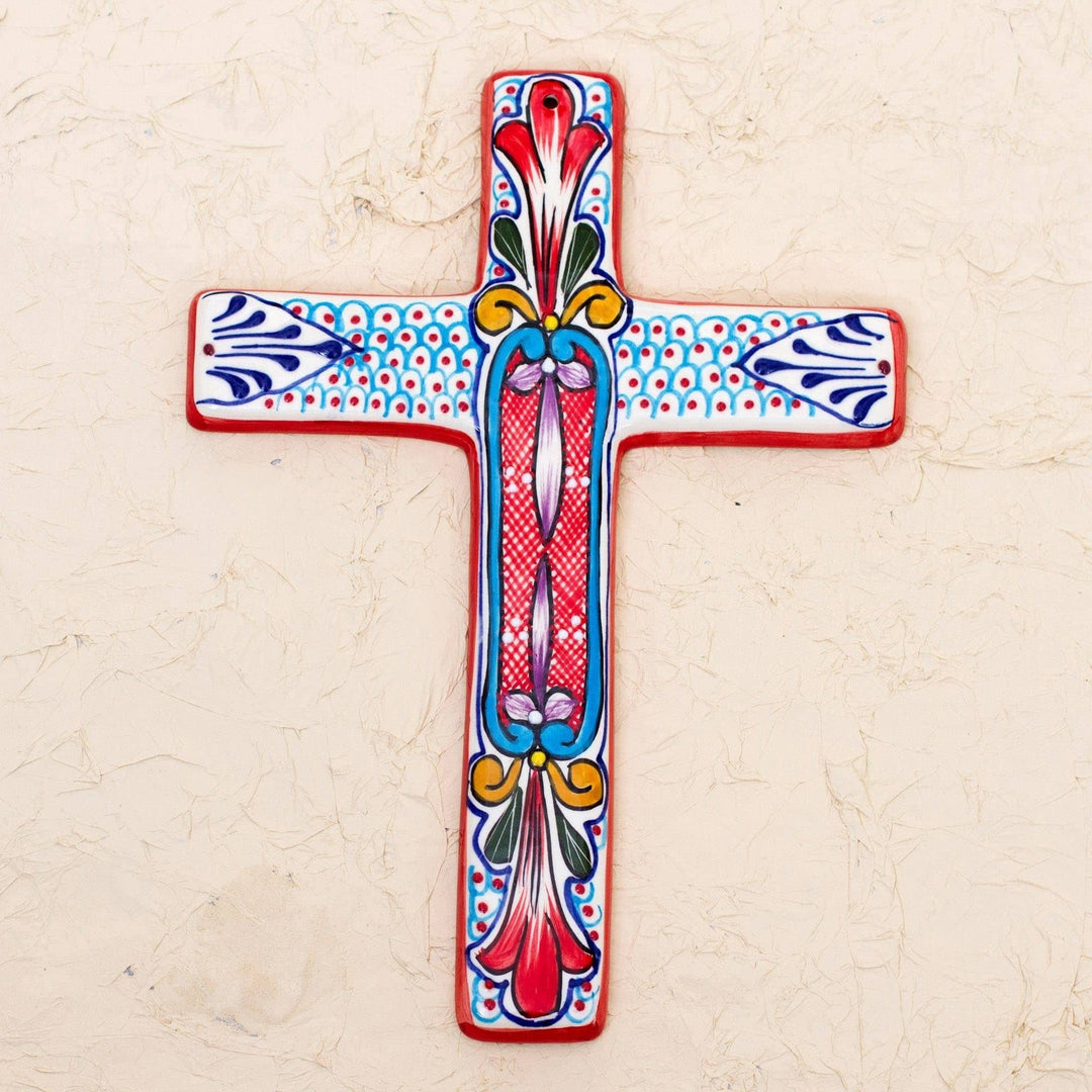 Ceramic Wall Cross 'Red Lily' Multi Color Modern Contemporary Antique Handmade - Diamond Home USA