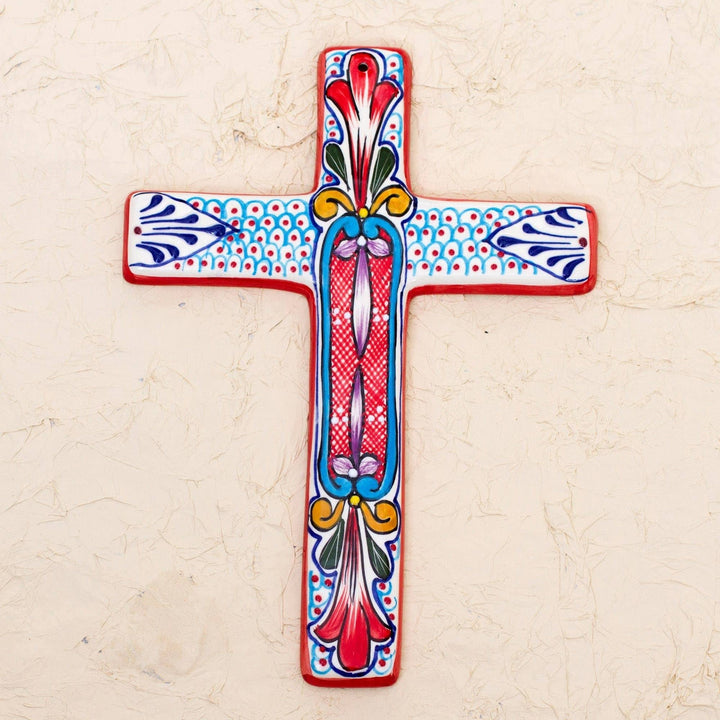Ceramic Wall Cross 'Red Lily' Multi Color Modern Contemporary Antique Handmade - Diamond Home USA